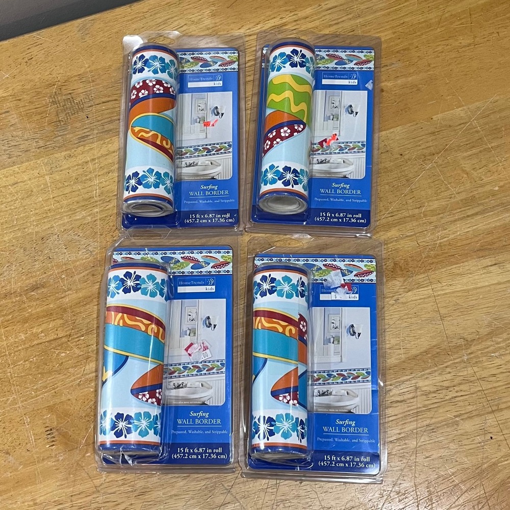 Lot of 4 HomeTrends Kids Surfing Wall‎ Border Blue Orange Tropical Surfboard Vtg